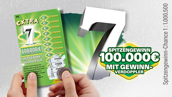 Darstellung des Rubbelloses Extra 7, auf dem eine kleine aufgerubbelte Fläche zu sehen ist. Ebenso ist die Zahl 7 in groß dargestellt, zusaetzlich ist der Spitzengewinn von 100.000 Euro abgebildet. Darstellung des Rubbelloses Extra 7, auf dem eine kleine aufgerubbelte Fläche zu sehen ist. Ebenso ist die Zahl 7 in groß dargestellt, zusaetzlich ist der Spitzengewinn von 100.000 Euro abgebildet.