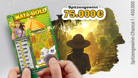 Grauer Hintergrund mit einem Ausschnitt einer Abenteurerin vor einem Maya-Tempel. Im Vordergrund Hände, die das Rubbellos Maya Gold halten und freirubbeln. Der Spitzengewinn von 75.000 Euro wird genannt. Grauer Hintergrund mit einem Ausschnitt einer Abenteurerin vor einem Maya-Tempel. Im Vordergrund Hände, die das Rubbellos Maya Gold halten und freirubbeln. Der Spitzengewinn von 75.000 Euro wird genannt.