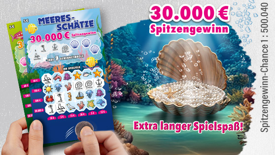 Darstellung einer Muschel unter Wasser, die voller Perlen ist, daneben wird das Rubbellos Meeresschätze aufgerubbelt. Darstellung einer Muschel unter Wasser, die voller Perlen ist, daneben wird das Rubbellos Meeresschätze aufgerubbelt.