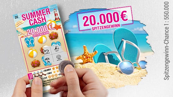 Grauer Hintergrund mit einem Ausschnitt eines Strands. Im Vordergrund Hände, die das Rubbellos Summer Cash halten und freirubbeln. Der Spitzengewinn von 20.000 Euro wird genannt. Grauer Hintergrund mit einem Ausschnitt eines Strands. Im Vordergrund Hände, die das Rubbellos Summer Cash halten und freirubbeln. Der Spitzengewinn von 20.000 Euro wird genannt.