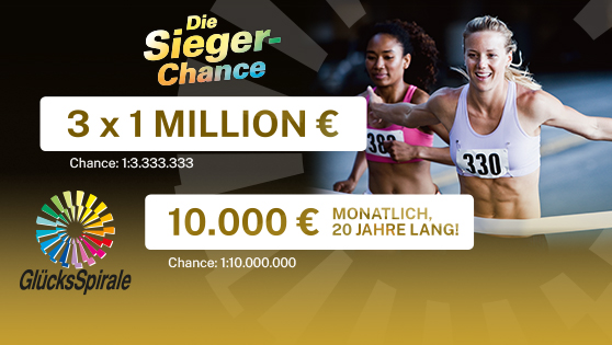 Foto von Athletinnen, 3 mal 1 Million Euro Die SiegerChance, 10.000 Euro monatlich GlücksSpirale.