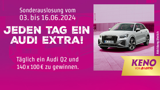 Textliche und Grafische Darstellung der Gewinne. Täglich ein Audi Q2 und 140 x 100€ zu gewinnen.