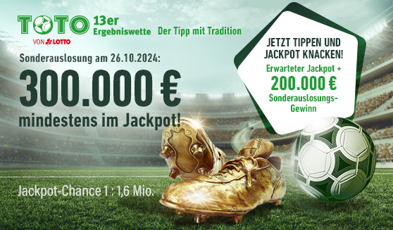 TOTO Sonderauslosung am 26.10.2024. 300.000 € Im Jackpot. Grafische Darstellung eines Fußballs und die textliche Nennung des Sonderauslosungstermins und Gewinnmöglichkeit