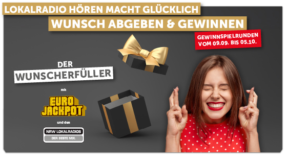 Foto einer Frau, die beide Finger kreuzt. Ein Geschenkkarton, der geöffnet wird und der textliche Hinweise auf den Wunscherfüller mit Eurojackpot