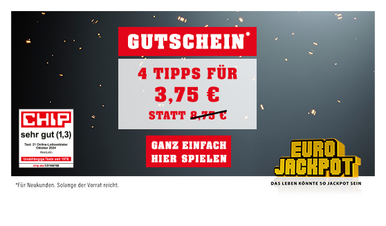 Goldener Glitter auf schwarzem Hintergrund. Gutschein 4 Tipps für 3,75 Euro statt 8,75 Euro. Eurojackpot-Logo. Chip-Siegel mit der Note sehr gut 1,3