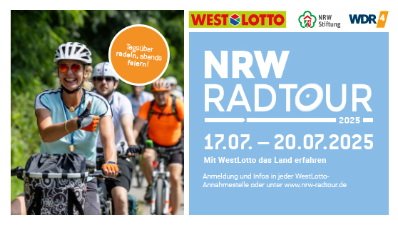 Auf der linken Bildhälfte lachende Fahrradfahrer, eine Frau hält den ausgestreckten Daumen hoch. Auf der rechten Bildhälfte Ankündigung der NRW Radtour vom 17.-20.07.2025.