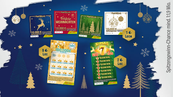 WestLotto-Weihnachts-Rubbellose auf blauem, weihnachtlichen Hintergrund.