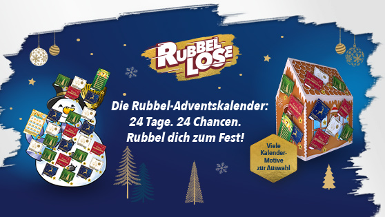 WestLotto Rubbellos Adventskalender Motiv Schneemann und Lebkuchenhaus auf blauem, weihnachtlichen Hintergrund.