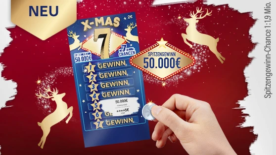 Abgebildet das Weihnachtslos X-MAS 7 mit Ankündigung des Spitzengewinns von 50.000 Euro Abgebildet das Weihnachtslos X-MAS 7 mit Ankündigung des Spitzengewinns von 50.000 Euro