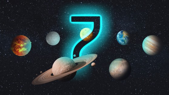 Die Zahl 7 schwebt im Universum, umringt von Planeten | Glückszahl LOTTO 6aus49