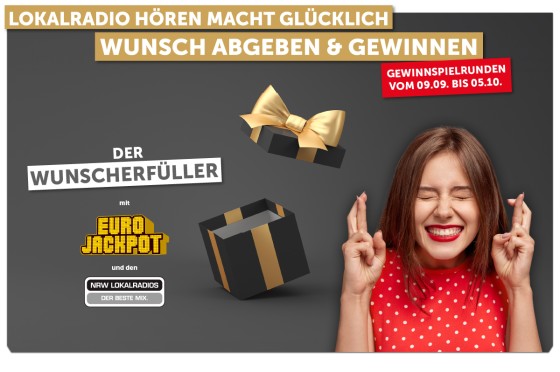 Grafik, auf der eine Frau die Finger kreuzt sowie ein geöffnetes Geschenk und diverse Schriftzüge zu sehen sind | Wunscherfüller mit Eurojackpot